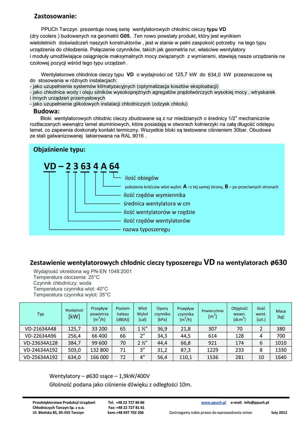 Zastosowanie: PPUCh Tarczyn prezentuje nową serię wentylatorowych chłodnic cieczy typu VD (dry coolers) budowanych na geometrii GOS.