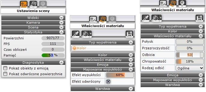 INNE ZMIANY W WIZUALIZACJI (BEZ RENDERA PRO) opcje ustawień sceny: Statystyka, Diagnostyka oraz ustawień świateł: Styl (wybór IES dla halogenów) zostały przeniesione na z lewego na prawy panel; opcja