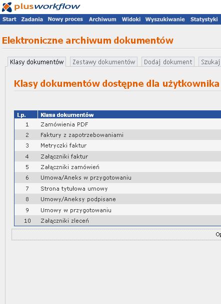 Elektroniczne archiwum dokumentów Użytkownik Plus Workflow otrzymuje dostęp do elektronicznego archiwum dokumentów (moduł DMS) w którym znajdują się dokumenty procesów oraz dokumenty zapisane