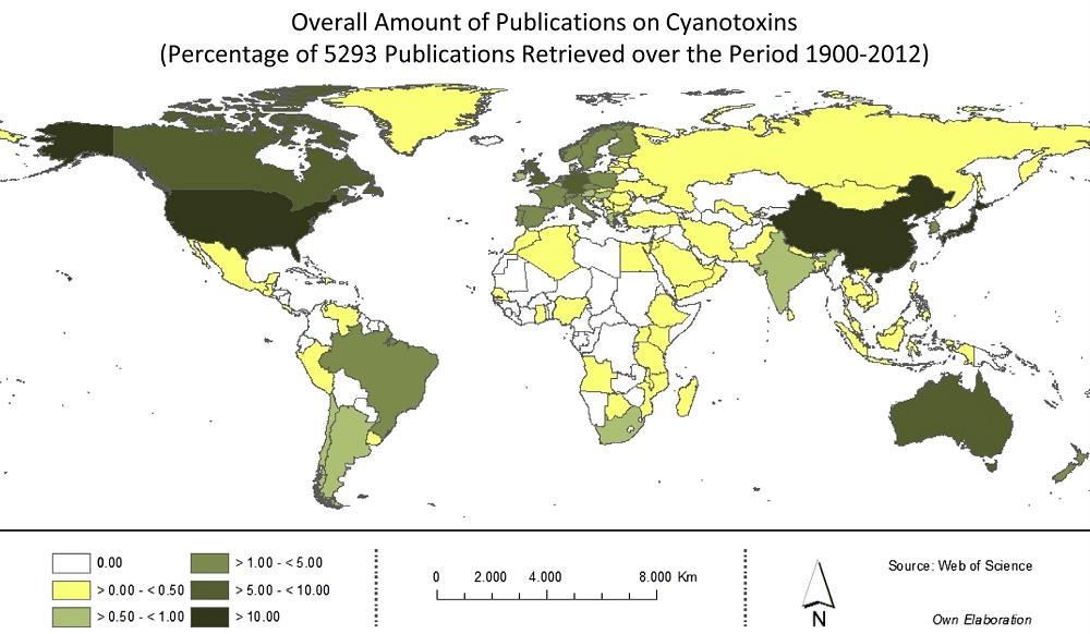 Toksyczne sinice (cyjanobakterie) w wodach powierzchniowych problem globalny Opublikowane artykuły Przegląd literatury mapa ilości doniesień na temat cyjanotoksyn (przeanalizowano 5293 publikacje z