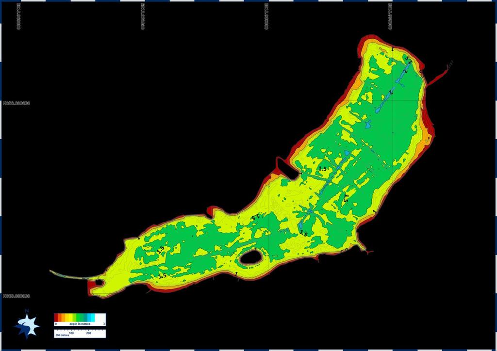 Rys. 2. Mapa batymetryczna Jeziora Paprocańskiego w układzie WGS 84. Pomiary wykonano metodą sonarograficzną w czerwcu 2016 r.