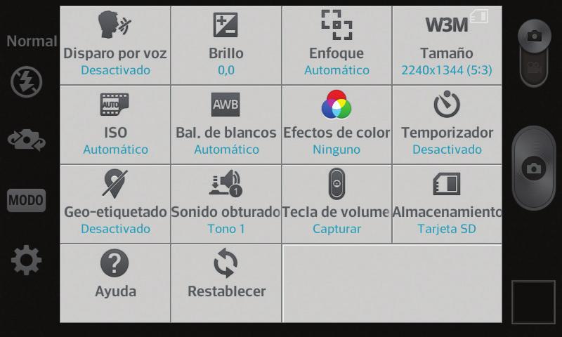 Using the advanced settings In the viewfinder, tap to open the advanced options. You can change the camera settings by scrolling through the list. After selecting the option, tap the Back Key.