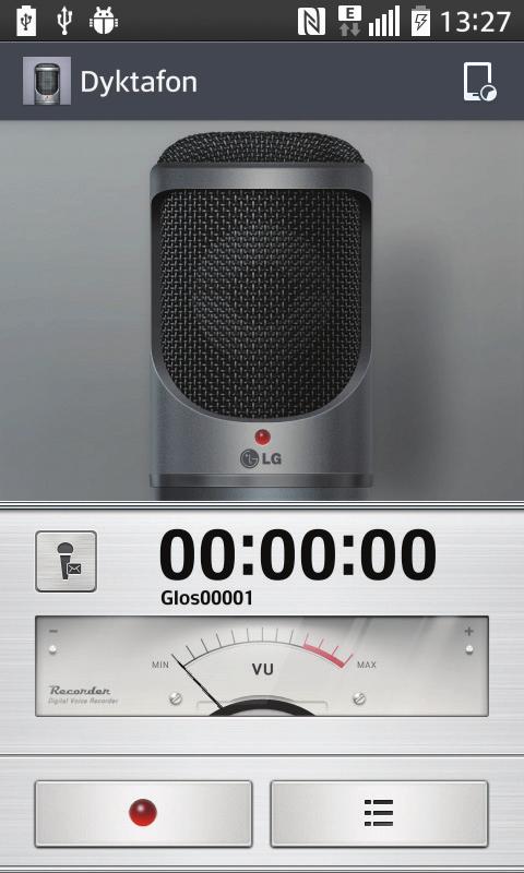Nagrywanie dźwięku lub głosu 1 Na ekranie głównym dotknij kolejno pozycji > karta Aplikacje (jeśli będzie to konieczne) > Dyktafon. 2 Dotknij ikony, aby rozpocząć nagrywanie.
