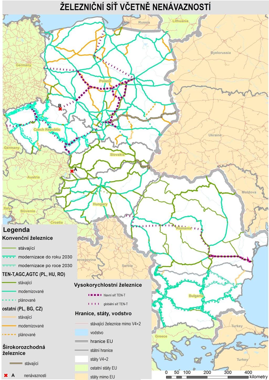 Obr. 2: Vymedzenie železničnej siete na území krajín