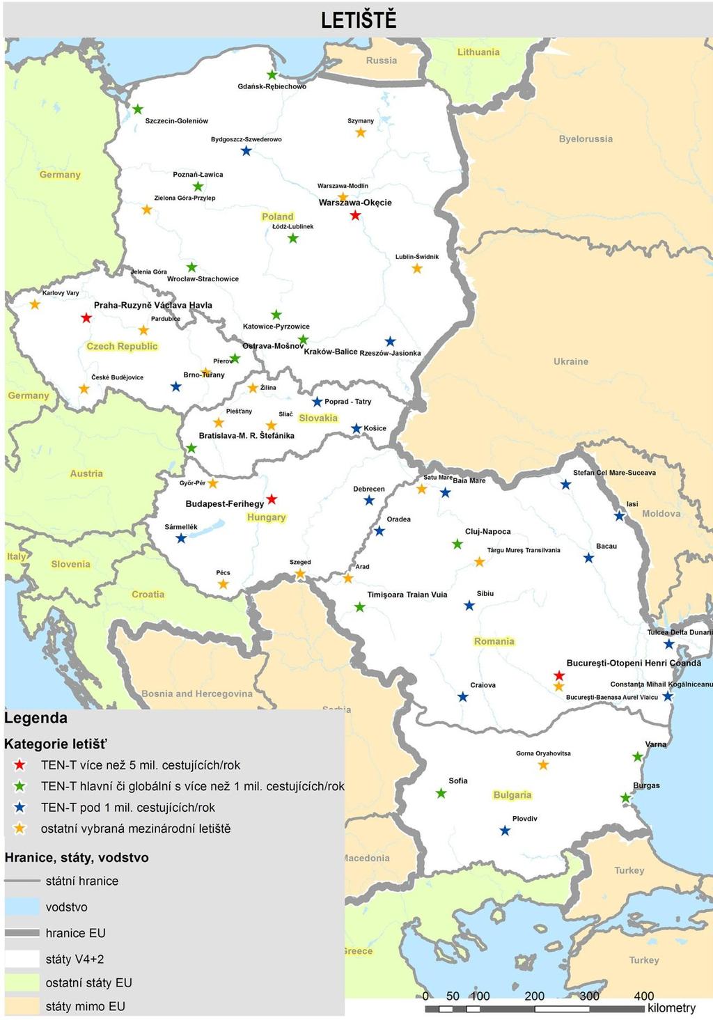 Obr. 5: Letiská na území krajín V4+2 4 4 Z dôvodu časovej postupnosti, keď nie všetky rozvojové dokumenty mohli zohľadniť návrh nového nariadenia č. 1315/2013 (pozri kap. 2.