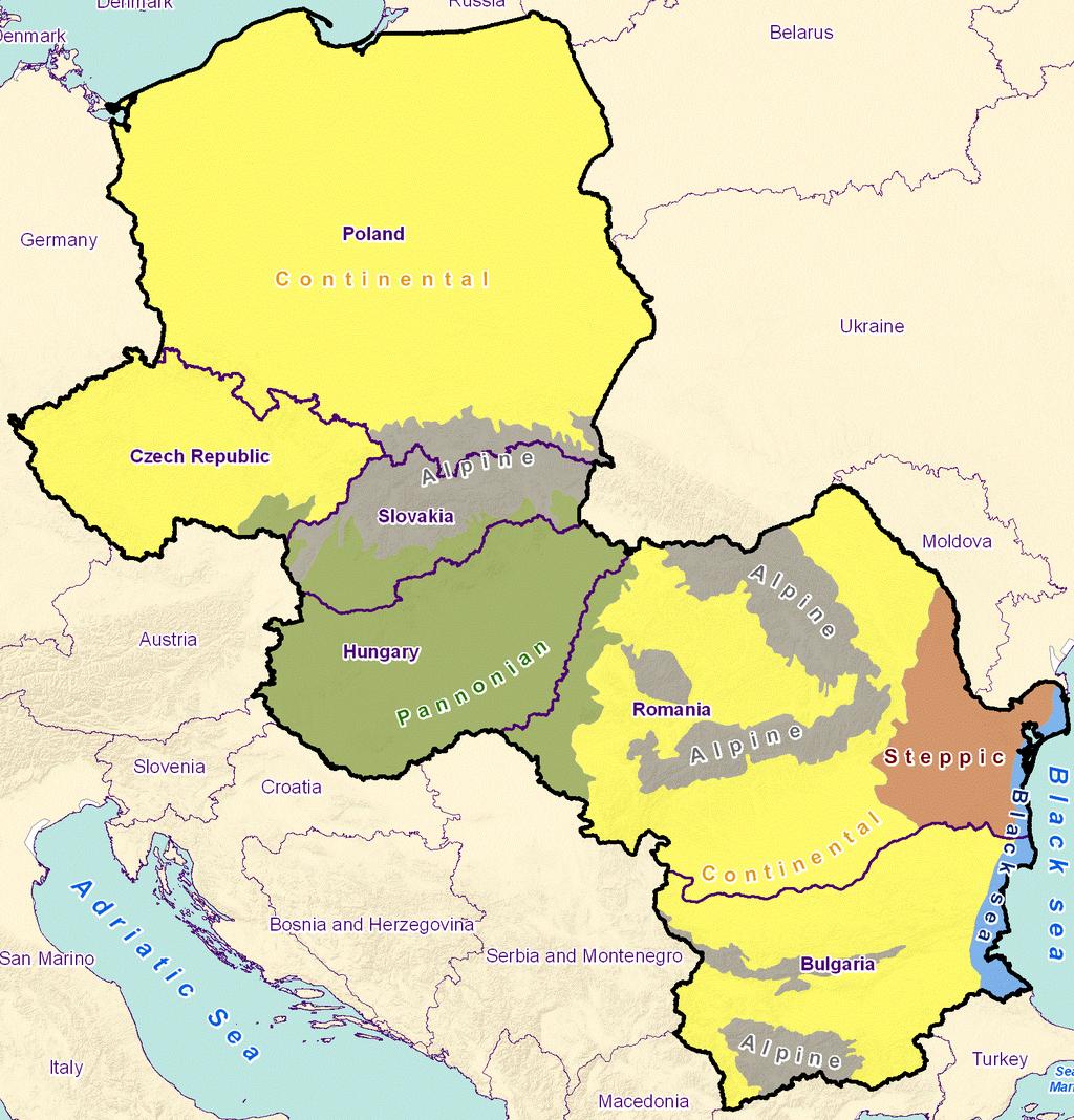 Spoločná stratégia územného rozvoja krajín V4+2 Obr. 13: Biogeografické regióny na území krajín V4+2 Zdroj: European Environment Agency (EEA) 5.2.2 Geologická charakteristika Geologický vývoj celého regiónu V4+2 poznačili tektonické procesy starohôr, prvohôr a treťohôr.