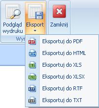 Rysunek 15. Form aty eksportu w yników raportu. 1.5.5 Wydruk raportów wykonanych Wyniki raportu można wydrukować. Jest to możliwe po uprzednim przeliczeniu wyników.