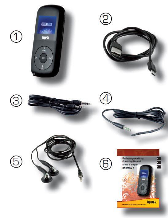 1. Radio DABMAN1 2. Kabel ładowania USB, USB Micro USB 3.
