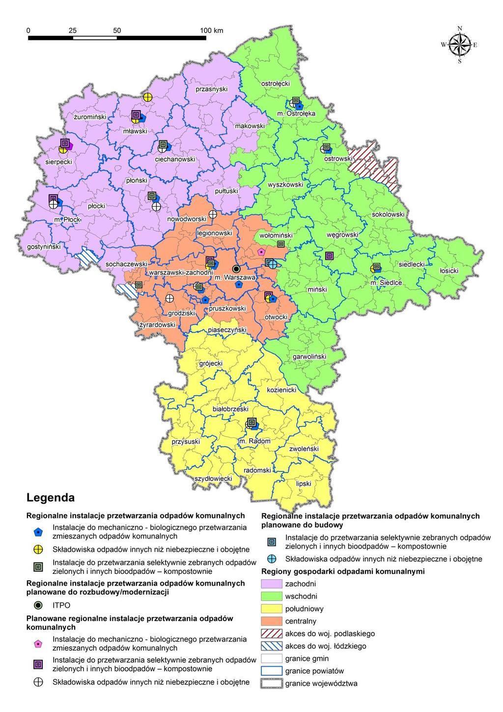 Mapa województwa mazowieckiego z podziałem na regiony gospodarki odpadami komunalnymi oraz wykazem instalacji regionalnych istniejących