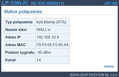 Strona ta służy do prezentacji aktualnego statusu połączenia modułu LP-1/Wi-Fi.