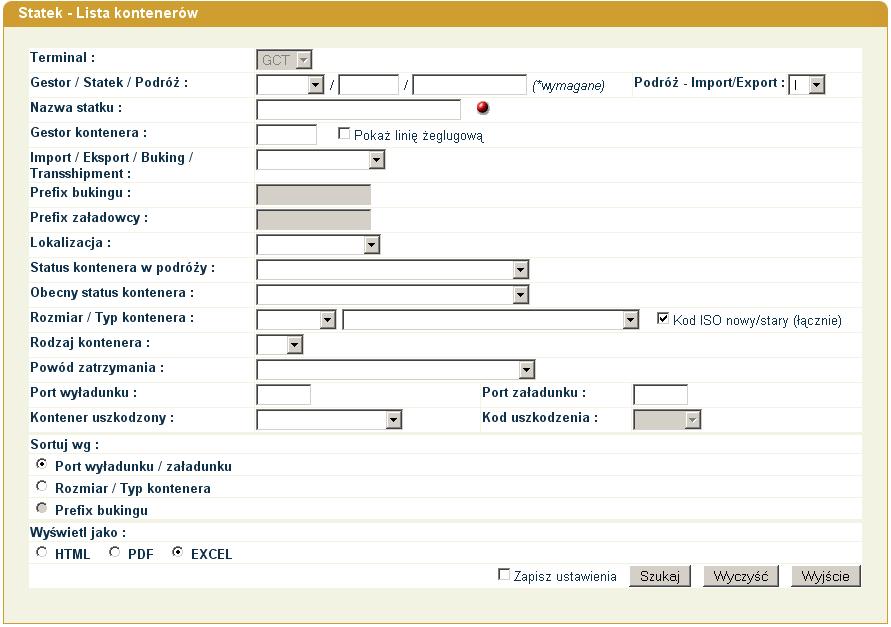 5. Lista kontenerów do za-/wyładunku. Opcja Statek - lista kontenerów z menu Informacje pozwala na wyszukanie wszystkich kontenerów które są bądź zostaną wyładowane lub załadowane na określony statek.