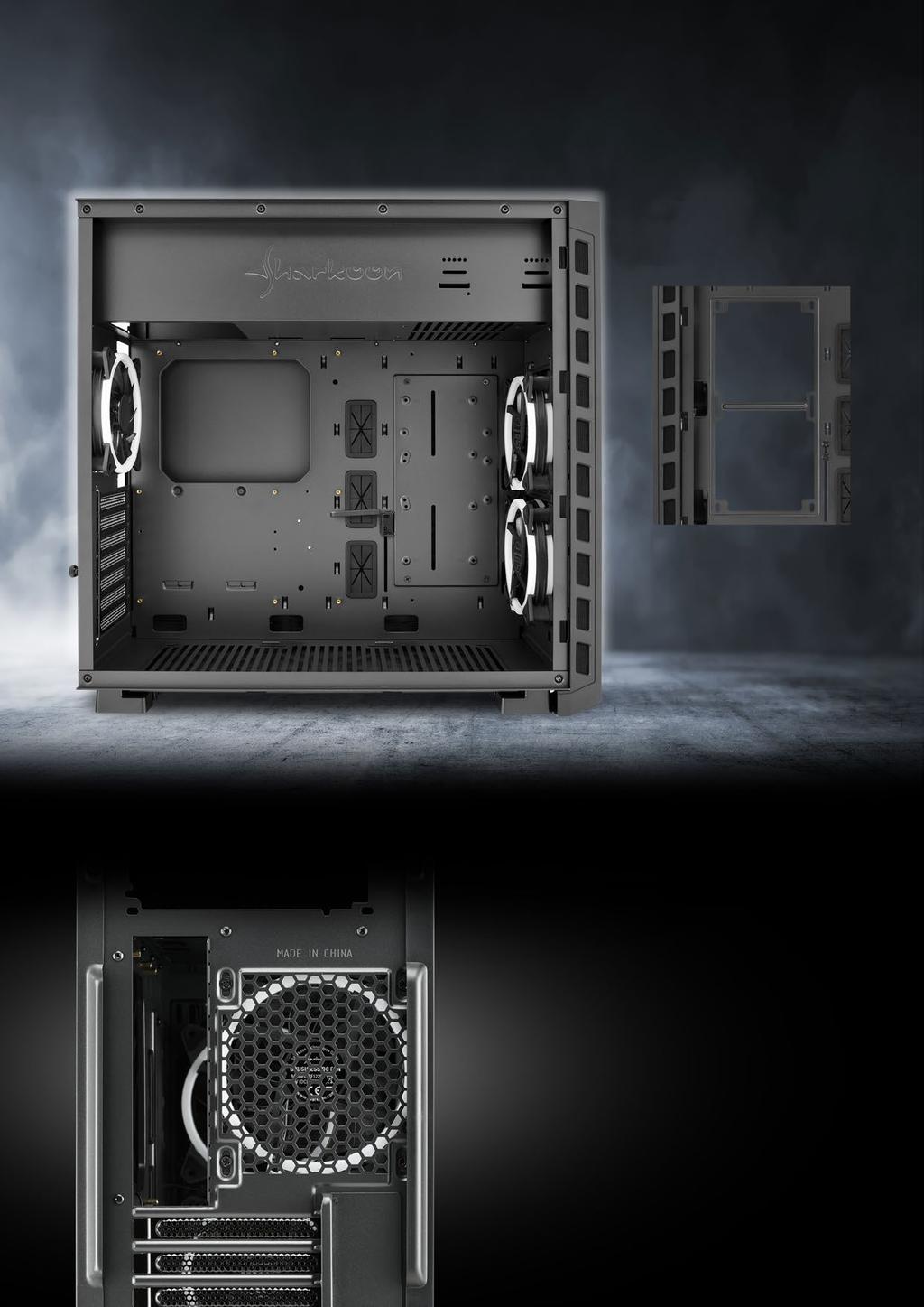 Opcje Przepływu Powietrza Panel boczny Przy zdjęciu pokrywy od mocowanie dysków HDD/SSD można zamontować w tym miejscu dwa wentylatory 120mm lub też chłodnicę 240mm.