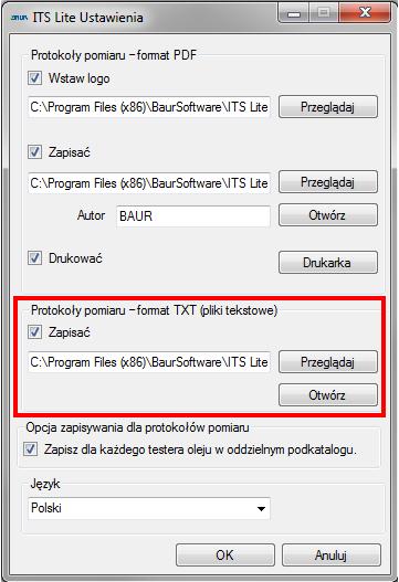 Ustawienia opcji zapis ywania i drukowania ITS L ite 6.2 Zapisywanie protokołów pomiarów w formacie TXT (pliki tekstowe) 1.