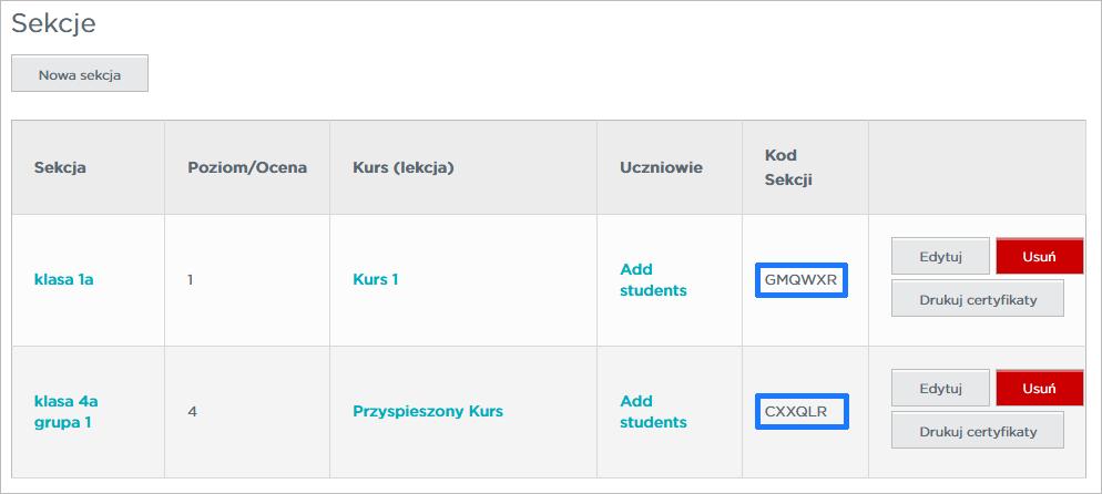 Każda sekcja ma przydzielony unikatowy identyfikator Kod Sekcji. Będzie on potrzebny do pracy z uczniami.