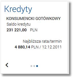 standardowym, który prezentuje: o nazwę kredytu, o saldo kredytu - Saldo kredytu, o kwotę najbliższej raty wraz z walutą oraz datę płatności najbliższej raty - Najbliższa rata/termin.