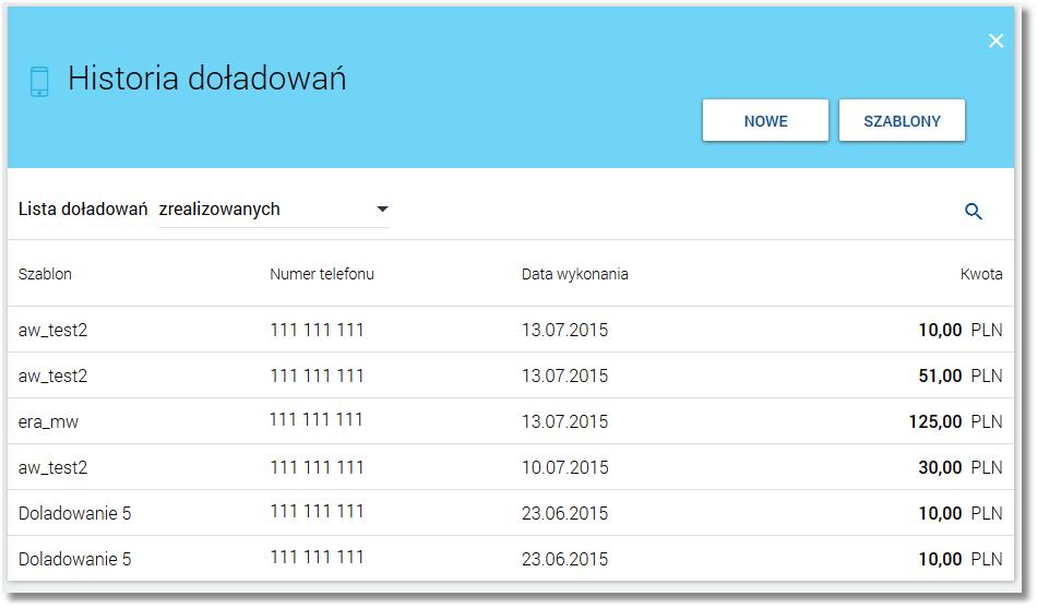 Wybranie szablonu z listy powoduje przejście do formatki doładowania telefonu (NOWE DOŁADOWANIE) z domyślnie wypełnionymi danymi zdefiniowanymi we wskazanym szablonie.