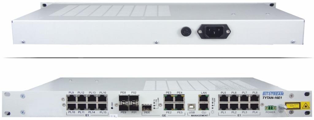 Światłowodowy multiplekser 16/8xE1 G.703 2048kbit/s + 4 Gbit/s Ethernet / FO Połączenie czterech sieci Gigabit Ethernet oraz 16/8 kanałów E1 2048 kbit/s G.