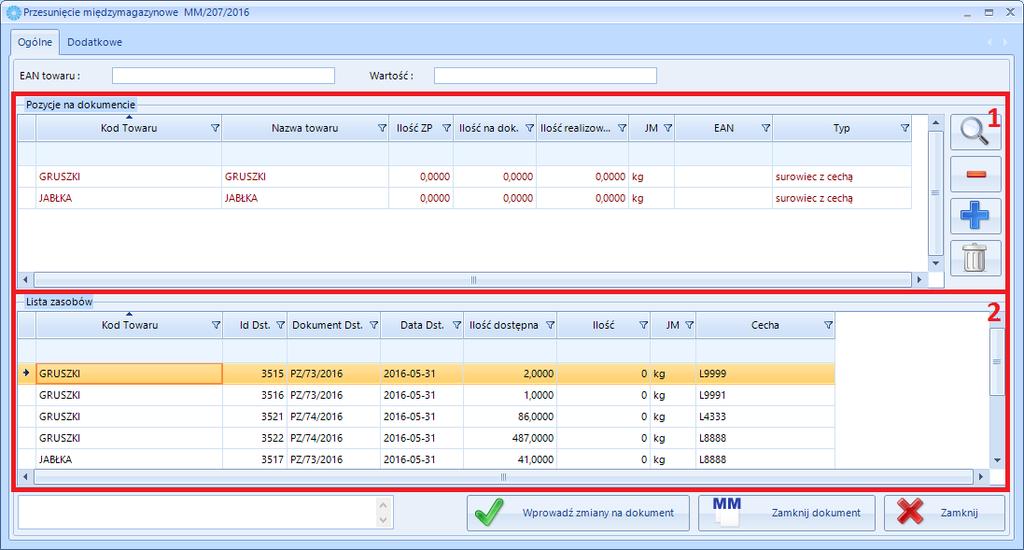 Część 1 na powyższym zrzucie przedstawia pozycje na dokumencie w raz z ich ilością, którą należy dodać. W części 2 znajduje się lista zasobów dostępnych w magazynie.