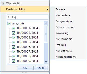 Po kliknięciu w wybrany filtr wyświetli się okienko: Należy wybrać z listy rozwijanej filtr, a następnie wpisać szukaną wartość w polu tekstowym.