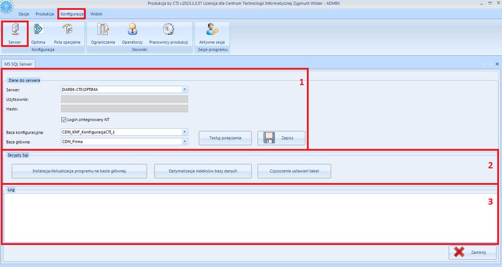 7. Zakładka Konfiguracja 7.1. Serwer Zakładka Serwer jest podzielona na trzy części: 1. Dane do serwera więcej informacji w punkcie 4 (Nawiązanie połączenia z serwerem SQL oraz z programem Optima), 2.