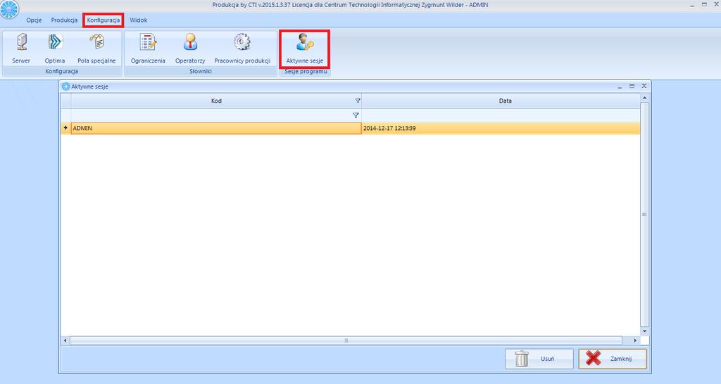 7.9. Aktywne sesje Aby zobaczyć aktywne sesje należy w górnym menu wybrać Konfiguracja, a następnie kliknąć Aktywne sesje.