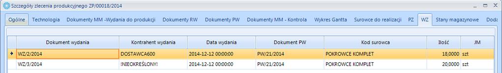 Po stworzeniu dokumentu Wydania Zewnętrznego (WZ) w OPTIMIE w szczegółach zlecenia na zakładce WZ pojawią się dokumenty WZ które pobrały zasób z PW z danego zlecenia: W szczegółach towaru na