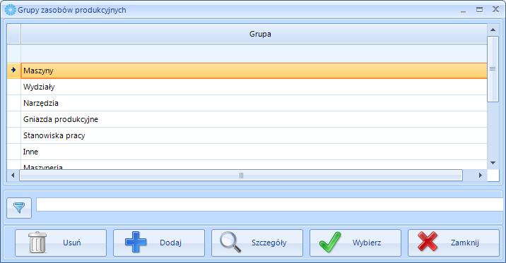 W pierwszej kolejności należy wybrać grupę zasobu produkcyjnego (Grupa zasobu produkcyjnego). Można ją wybrać z listy rozwijanej, lub dodać nową klikając.