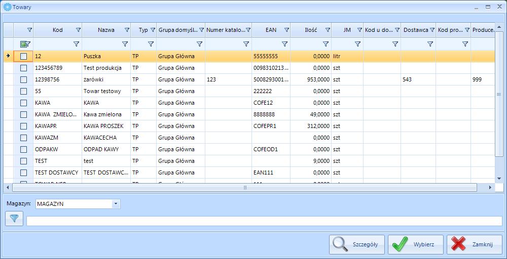 Z listy rozwijanej Magazyn można wybrać magazyn. Zaktualizuje się ilość danego towaru, która znajduje się aktualnie na wybranym magazynie.