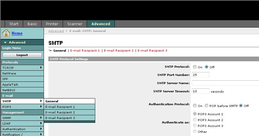 Przygotowanie przed rozpoczęciem użytkowania > Embedded Web Server RX (Ustawienia poczty e-mail) Wysyłanie wiadomości e-mail Określenie ustawień SMTP umożliwia wysyłanie obrazów załadowanych na to
