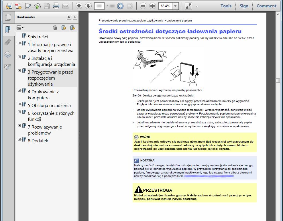 > Informacje o Podręczniku obsługi (tym podręczniku) Oznaczenia stosowane w tym podręczniku W poniższym przykładzie posłużono się programem Adobe Reader XI.