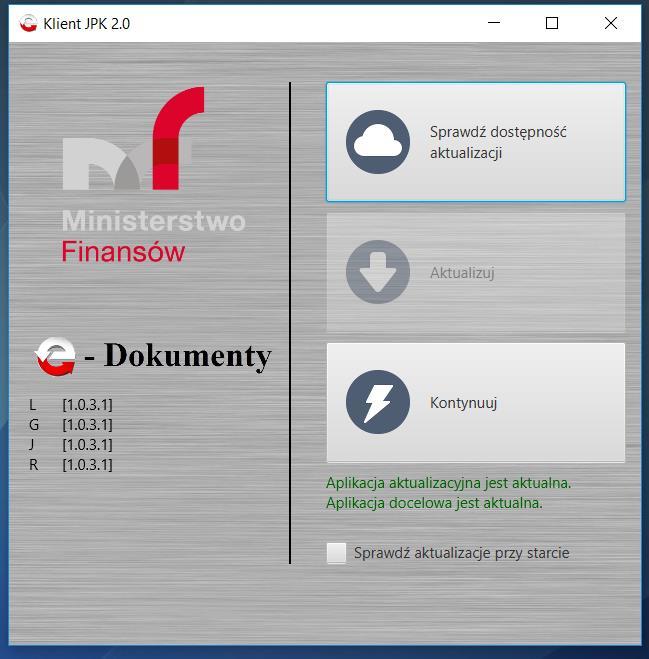 Uwaga! W przypadku gdy pod przyciskami zostanie wyświetlony komunikat: Aplikacja aktualizacyjna nie jest aktualna. Aplikacja nie jest aktualna. Aktualizacja jest krytyczna.