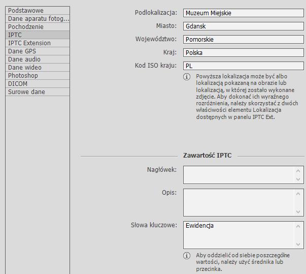 W przypadku wypełniania danych IPTC wybraną kategorie KAPER należy wpisać pełną nazwą w elemencie metadanych Słowa kluczowe. Fig.2. Widok danych IPTC pliku.
