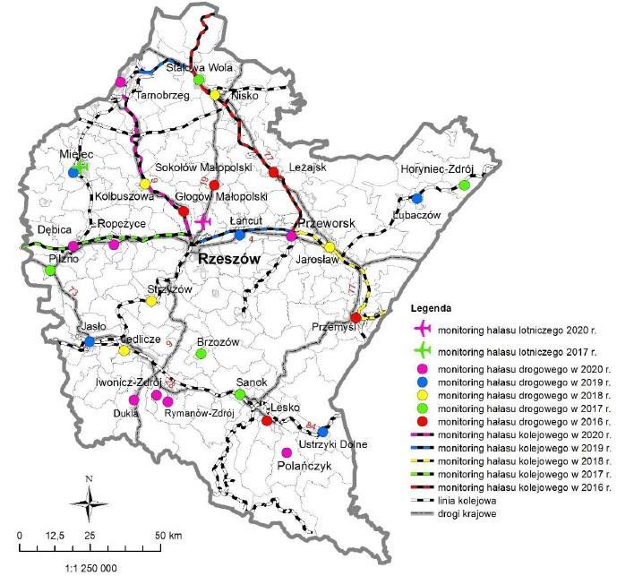 Rysunek 8. Lokalizacja punktów kontrolnych hałasu na terenie województwa podkarpackiego w latach 2016-2020 stanowiących sieć monitoringu WIOŚ w Rzeszowie.