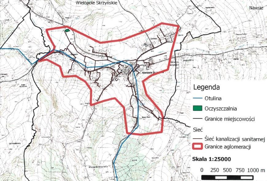 Rysunek 18. Zasięg Aglomeracji Wielopole Skrzyńskie w obrębie Gminy Wielopole Skrzyńskie. Źródło: Uchwała Nr XLVIII/1014/14 Sejmiku Województwa Podkarpackiego z dnia 23 czerwca 2014 r.