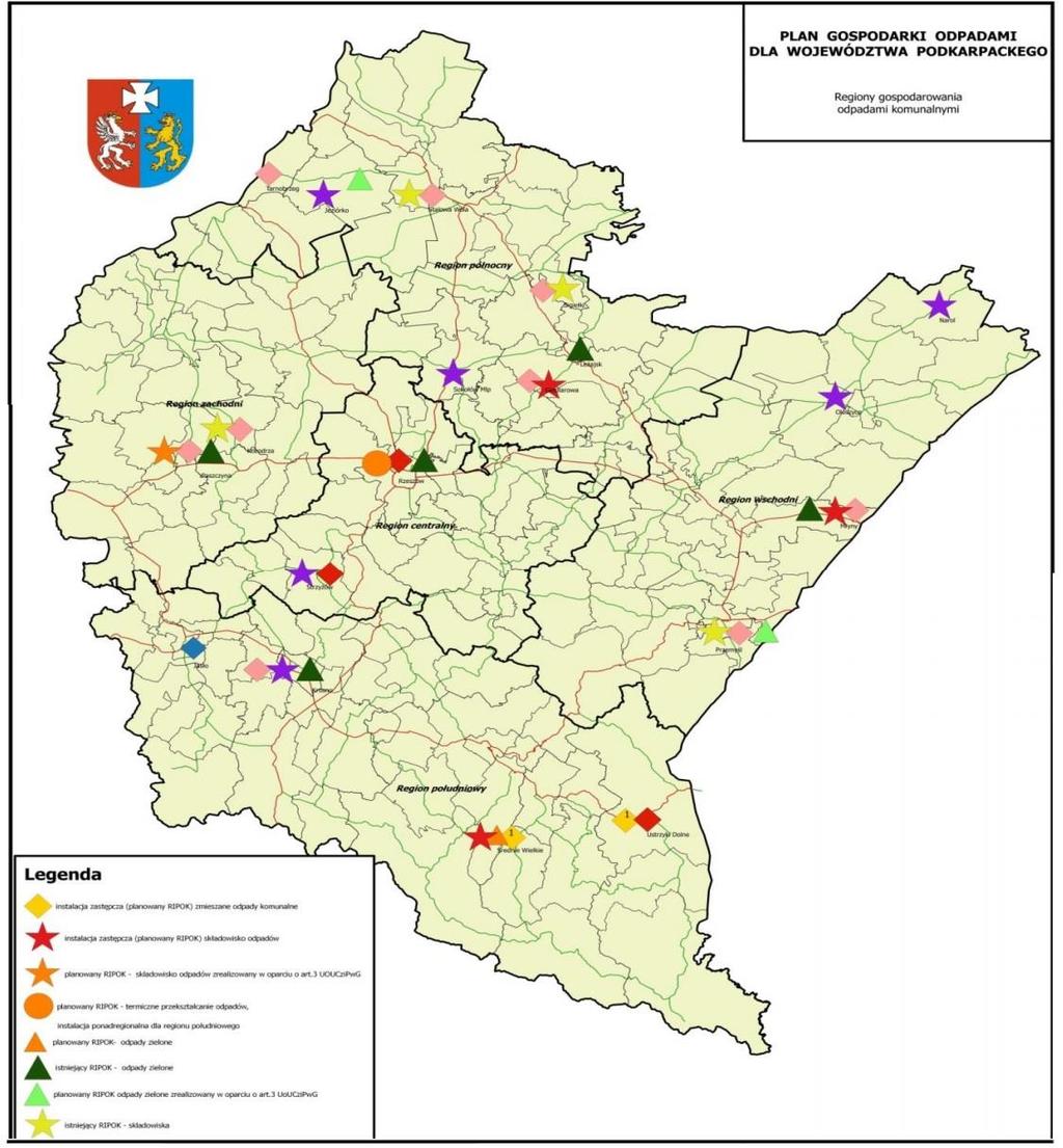 Rysunek 20. Podział województwa podkarpackiego na regiony gospodarowania odpadami komunalnymi wraz z infrastrukturą techniczną.