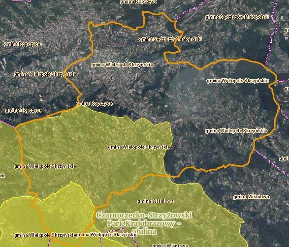 Rysunek 23. Położenie Czarnorzecko-Strzyżowskiego Parku Krajobrazowego względem granic Gminy Wielopole Skrzyńskie. Źródło: geoserwis.gdos.gov.