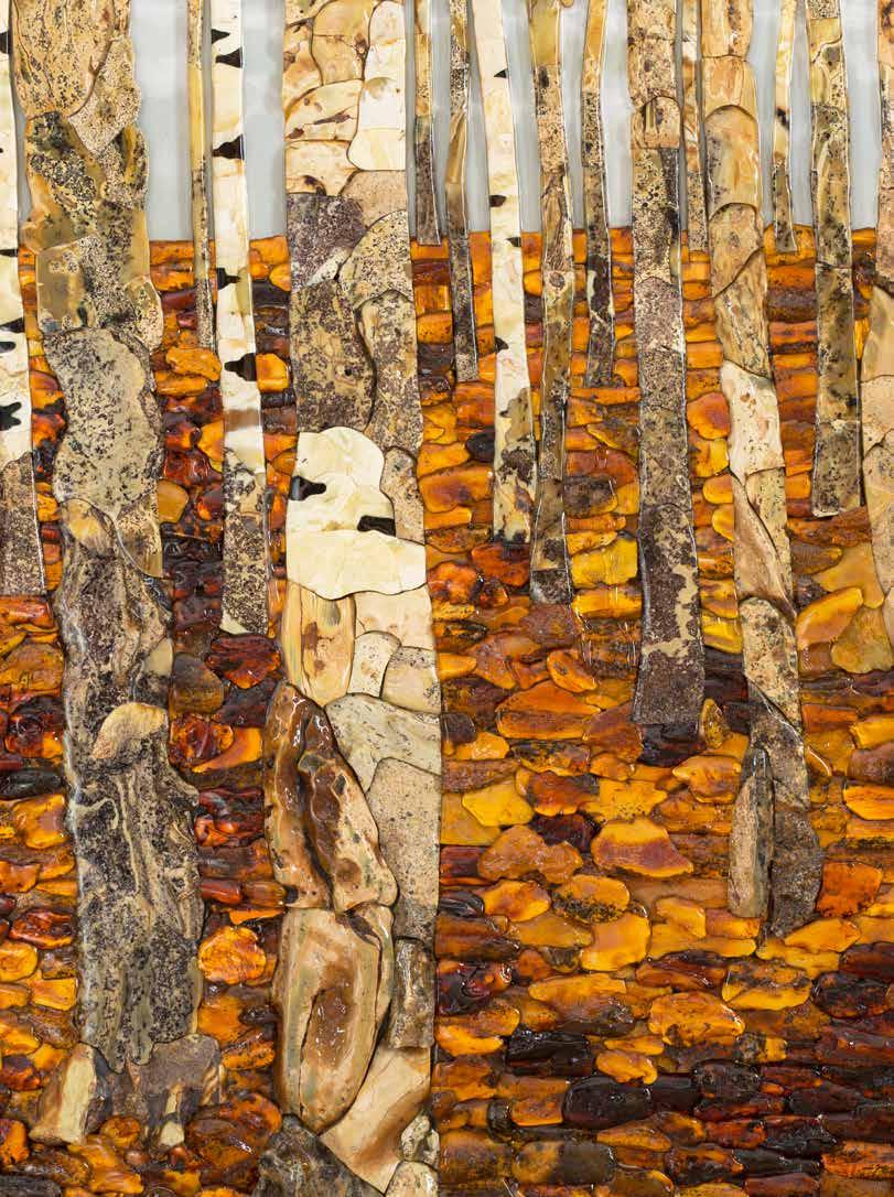 109 Lucjan Myrta (ur. 1946 Żelisławice) Pejzaż lasu brzozowego, 1998 r. wym. 68 88 1,5 cm waga 8,980 g Barwna kompozycja z rzadkich odmian bursztynu bałtyckiego.