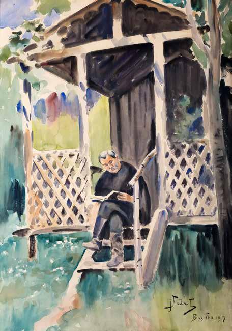 17 Julian Fałat (1853 Tuligłowy 1929 Bystra) Czytający w altanie, 1917 r. akwarela, papier, 68 48 cm sygn. i da