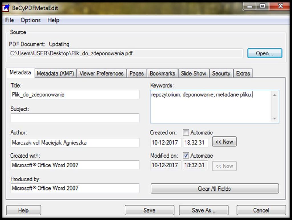 Edycja metadanych pliku PDF w programie BeCyPDFMetaEdit