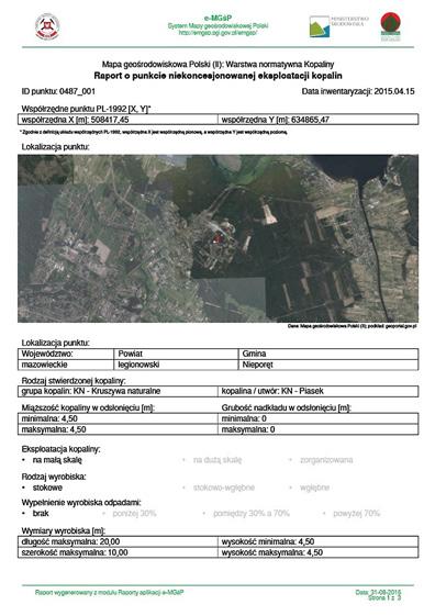 Rys. 6. Przykładowy raport o punkcie niekoncesjonowanej eksploatacji, wygenerowany z serwisu Mapy Geośrodowiskowej Polski (http://emgsp.pgi.gov.