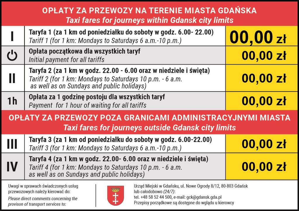 Oznaczenie z informacją o opłatach za przejazd taksówką Załącznik Nr 2 do uchwały Nr LV/1610/18 Rady Miasta