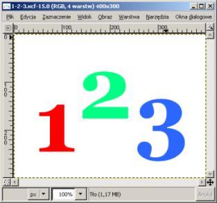 e) W podobny sposób dodaj do obrazu zielony napis 2 oraz niebieski napis 3.