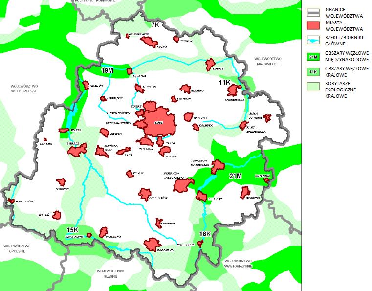 Rysunek 4 Położenie Łodzi na tle terenów systemu sieci ECONET-POLSKA Źródło: Analiza systemów ekologicznych miast województwa łódzkiego pod kątem ich powiązań z systemem ekologicznym województwa i