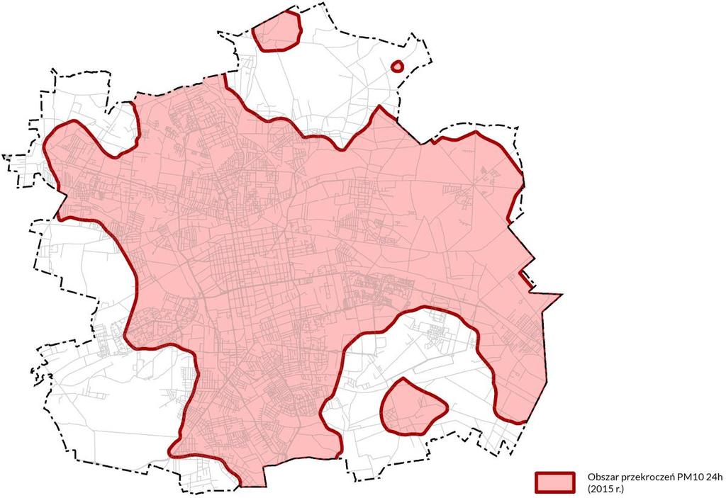 Rysunek 24 Obszar przekroczeń dobowej wartości poziomu dopuszczalnego stężenia pyłu PM10 Źródło: opracowanie własne na podstawie raportu Wojewódzkiego Inspektoratu Ochrony Środowiska w Łodzi, Roczna