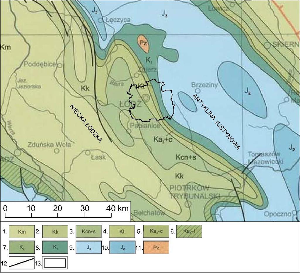 Rysunek 7 Budowa geologiczna okolic Łodzi (kreda: 1 mastrycht, 2 kampan, 3 koniak i santon, 4 turon, 5 alb górny i cenoman, 6 alb górny i turon, 7 kreda górna, 8 kreda dolna; jura: 9 jura górna, 10