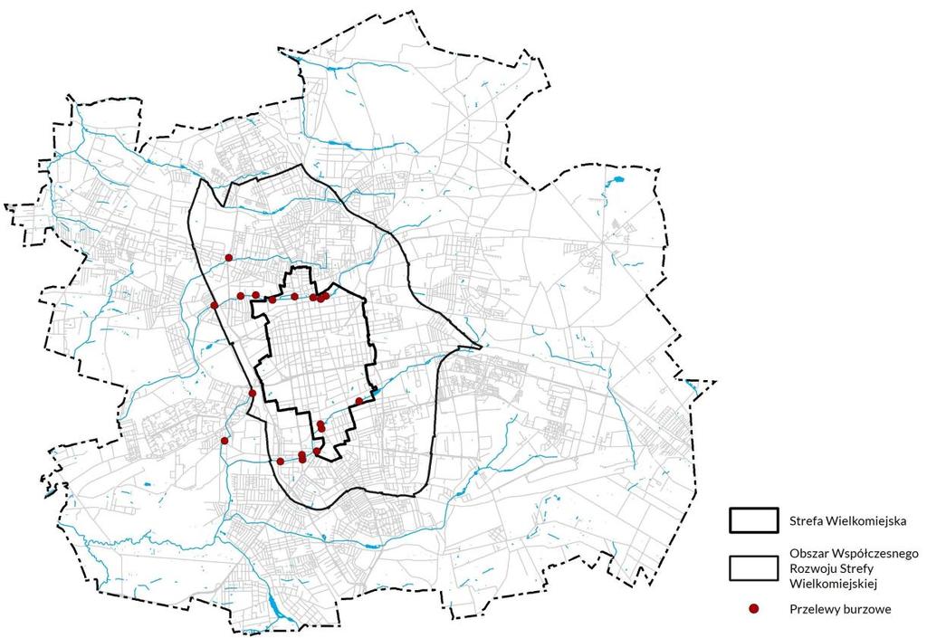 Rysunek 17 Lokalizacja przelewów burzowych na terenie Łodzi Źródło: opracowanie własne na podstawie opracowania Wydziału Gospodarki Komunalnej UMŁ, Aglomeracja Łodzi 2012 (tom I [w:] Uchwała nr