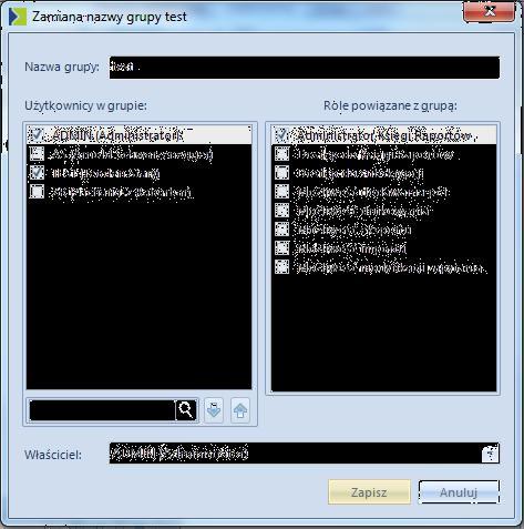 Edytować istniejącą grupę; Usunąć wybraną grupę (należącym do niej użytkownikom automatycznie zabrane zostaną uprawnienia wynikające z tej przynależności); Tworząc nową grupę, bądź edytując