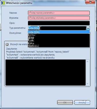 Rysunek 54 Dodawanie parametru Można dodawać parametry w jednym z pięciu typów: Lista(SQL) lista na podstawie zapytania SQL. Zapytanie musi zwracać dwie kolumny.