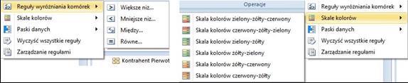 Rysunek 74 Formatowanie warunkowe Dostępne są poniższe opcje wyróżniania komórek: Większe niż - sformatowane są komórki o wartości większej niż podana Mniejsze niż - sformatowane są komórki o