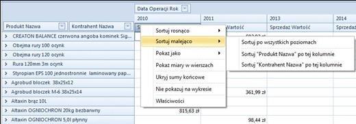 Zaawansowane sortowanie Umożliwia czytelny i prosty sposób obsługi wielopoziomowego sortowania miar względem wybranych kolumn bądź wierszy.